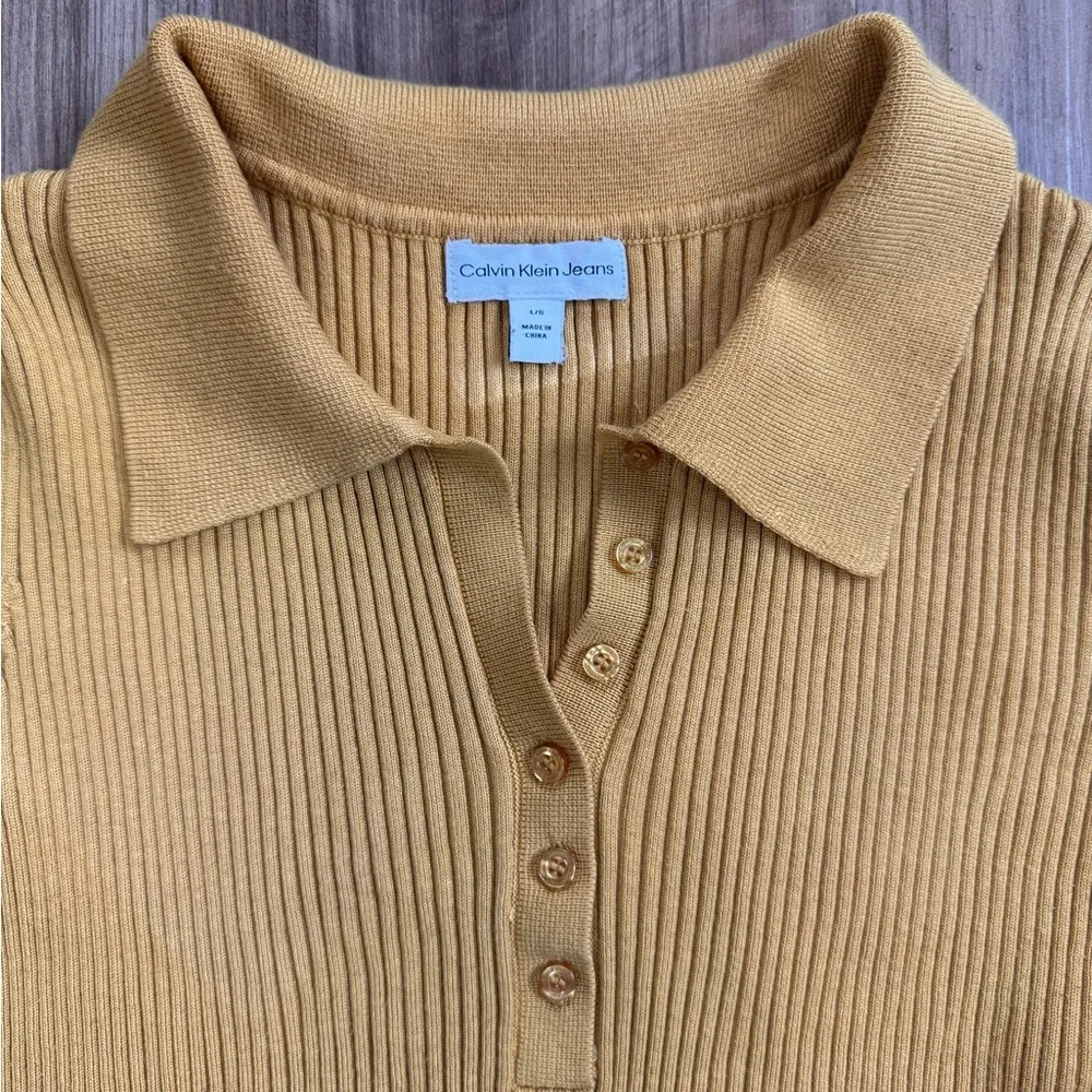 Calvin Klein Yellow Ribbed Button Polo Shirt - Picture 2 of 10